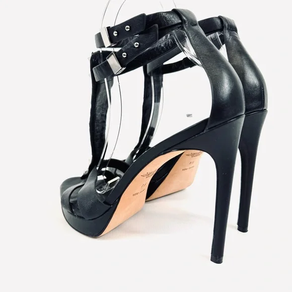 Rachel Roy DALYCE Black Leather Studded Platform Heel Ankle Strap Sandal 7.5